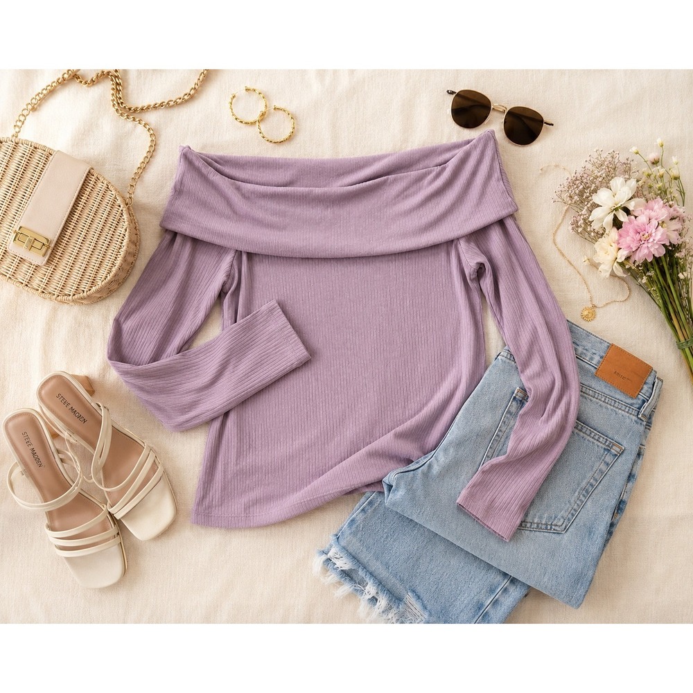 NWT Plus 2X Off Shoulder Top Lavender Ribbed Knit Coquette Balletcore Soft Girl